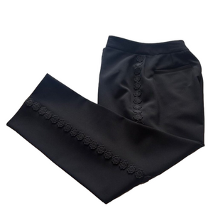 Eileen Fisher Black Crepe Dress Pant Trouser w Floral Appliques on Sides Size 10